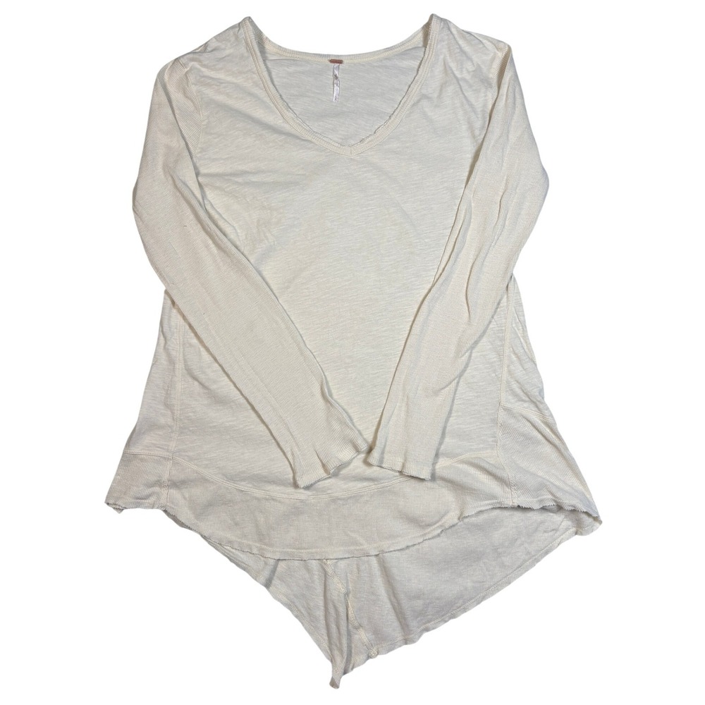 Free People Cream Cotton Slub V-Neck Asymmetrical Hem Long Sleeve Top Large